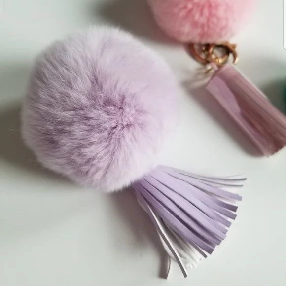 3 Faux Fur Pom Leather Tassel Keychain Bag Charms - Picture 3 of 7